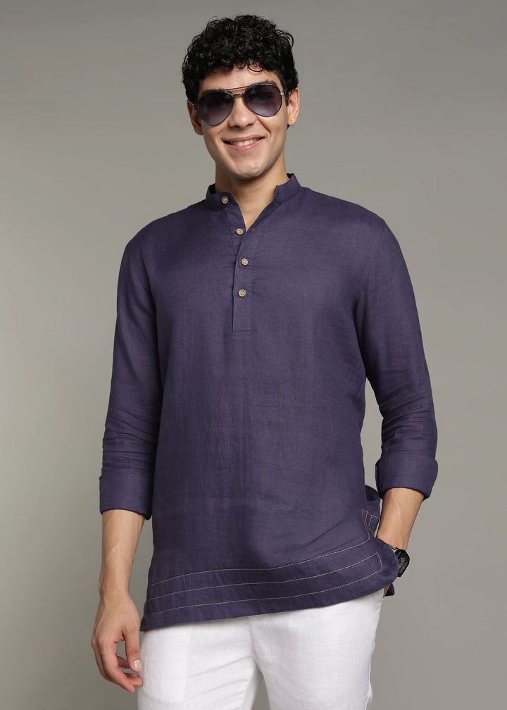 Saif - Pure Linen Full Sleeve Short Kurta with Hem Stitch Detail - Lapis Violet