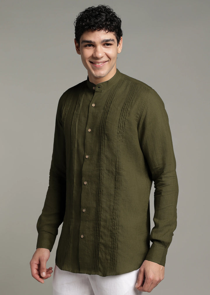 Archer - Pure Linen Mandarin Collar Pleat Detail Full Sleeve Shirt - Moss Green