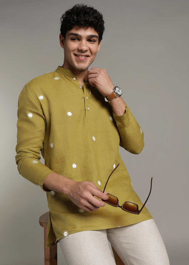 Dot - Pure Linen Embroidered Full Sleeve Short Kurta - Sap Green