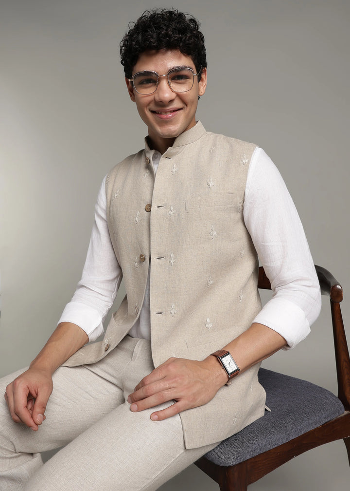 Gulzar - Hand Embroidered Pure Linen Nehru Jacket - Dark Ecru