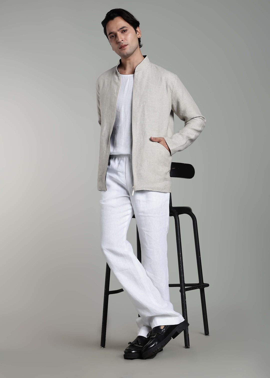 Flux - Pure Linen Reversible Jacket - Ecru and Regal Blue