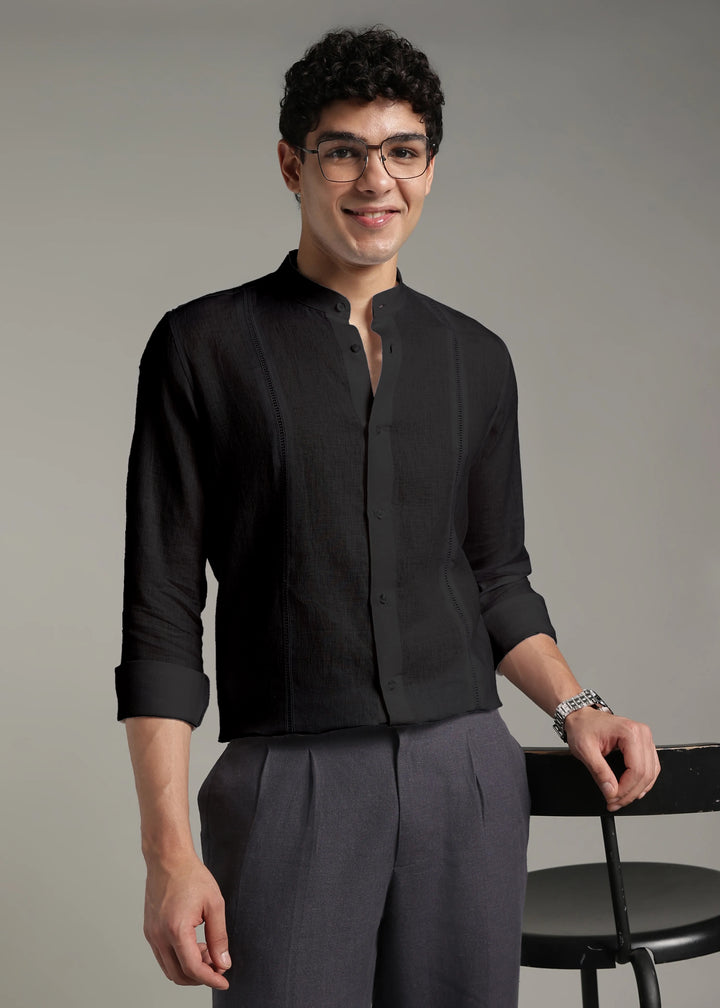 Zephr - Pure Linen Mandarin Collar Lace Detail Full Sleeve Shirt - Black