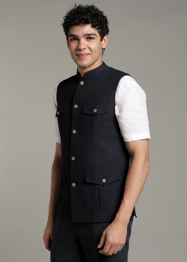 Safar - Multi Pocket Pure Linen Nehru Jacket - Regal Blue