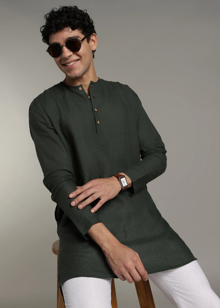 Zouq - Full Sleeve Collarless Pure Linen Mid Kurta  - Dark Fern Green