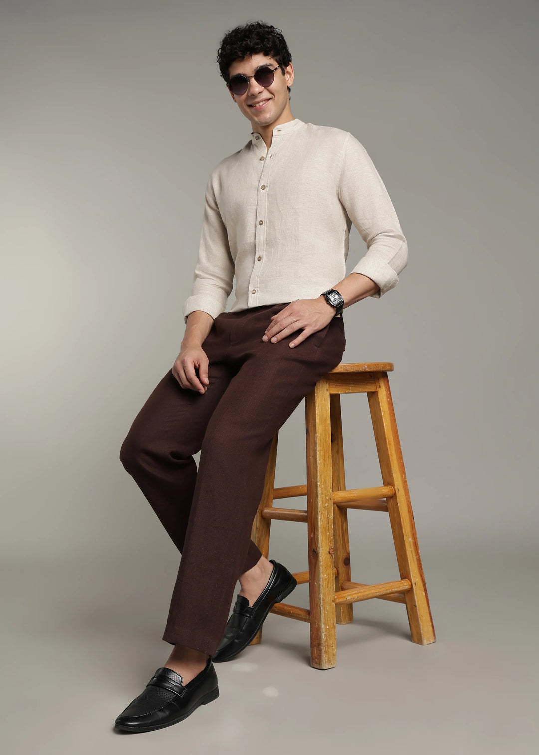 Calvin - Pure Linen Double Pleated Trousers - Cocoa Brown