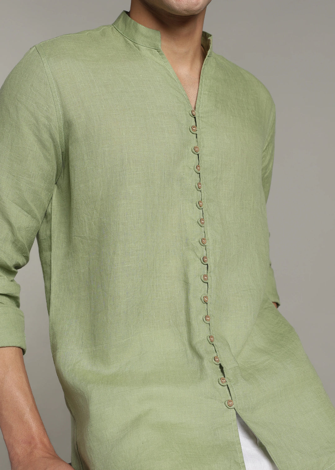 Yue - Pure Linen V Neck Full Sleeve Shirt - Peppermint Green