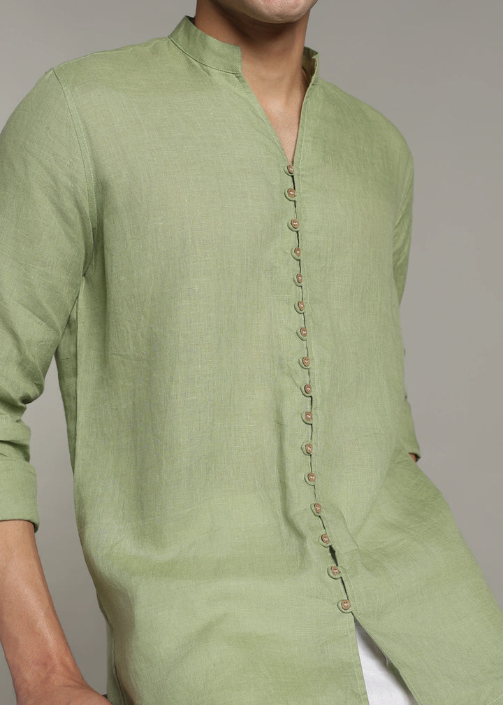 Yue - Pure Linen V Neck Full Sleeve Shirt - Peppermint Green