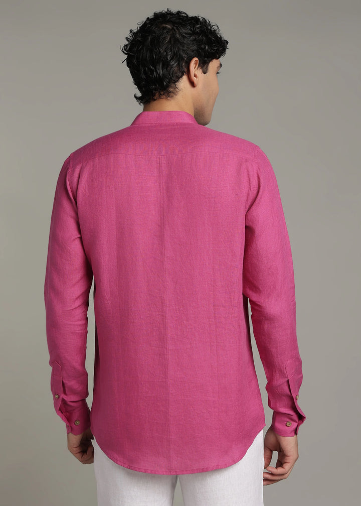 Yue - Pure Linen V Neck Full Sleeve Shirt - Raspberry Pink