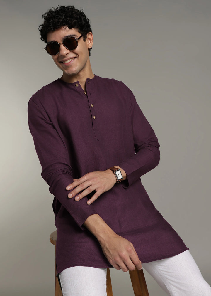 Zouq - Full Sleeve Collarless Pure Linen Mid Kurta  - Dark Purple