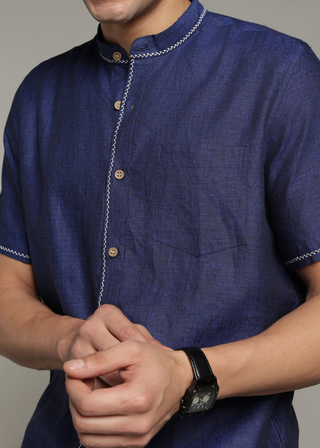 Oram - Pure Linen Half Sleeve Shirt - Prussian Blue
