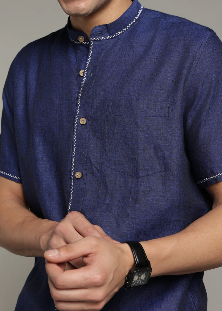 Oram - Pure Linen Half Sleeve Shirt - Prussian Blue