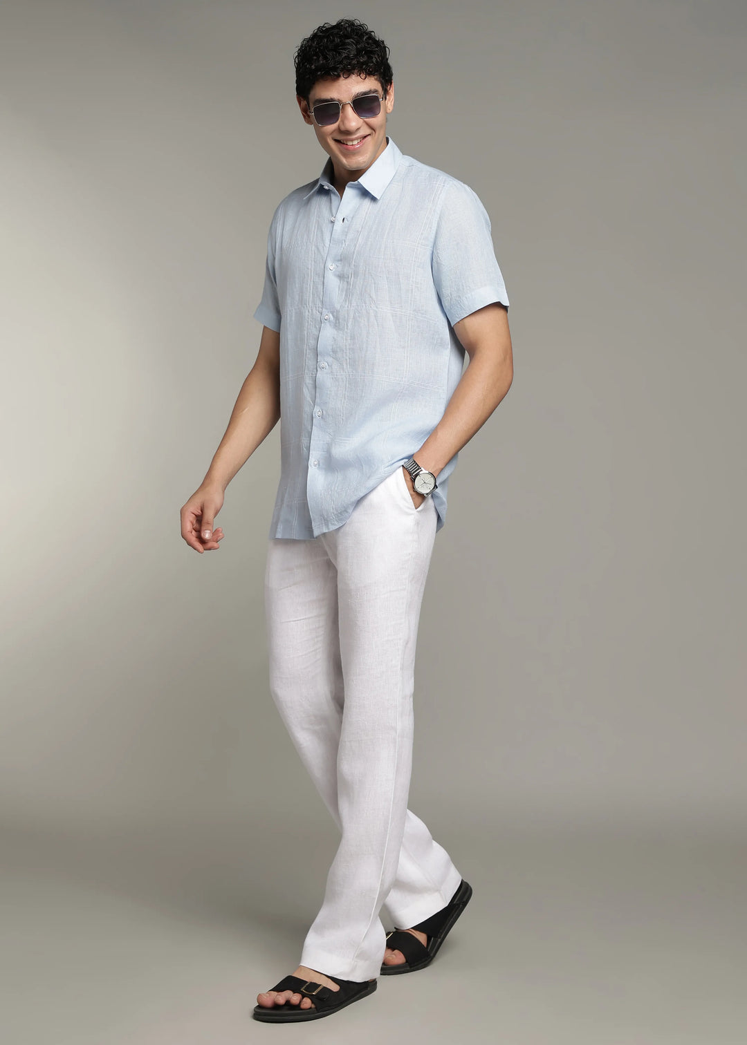 Mitch - Pure Linen Half Sleeve Stitch Detailed Checks Shirt - Sky Blue