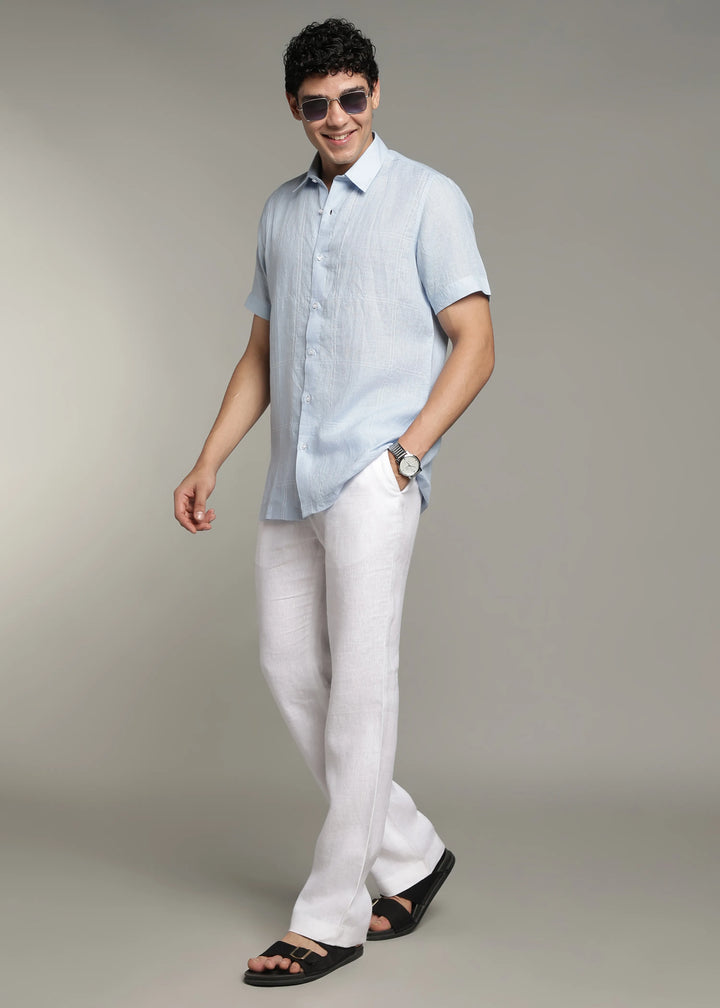 Mitch - Pure Linen Half Sleeve Stitch Detailed Checks Shirt - Sky Blue