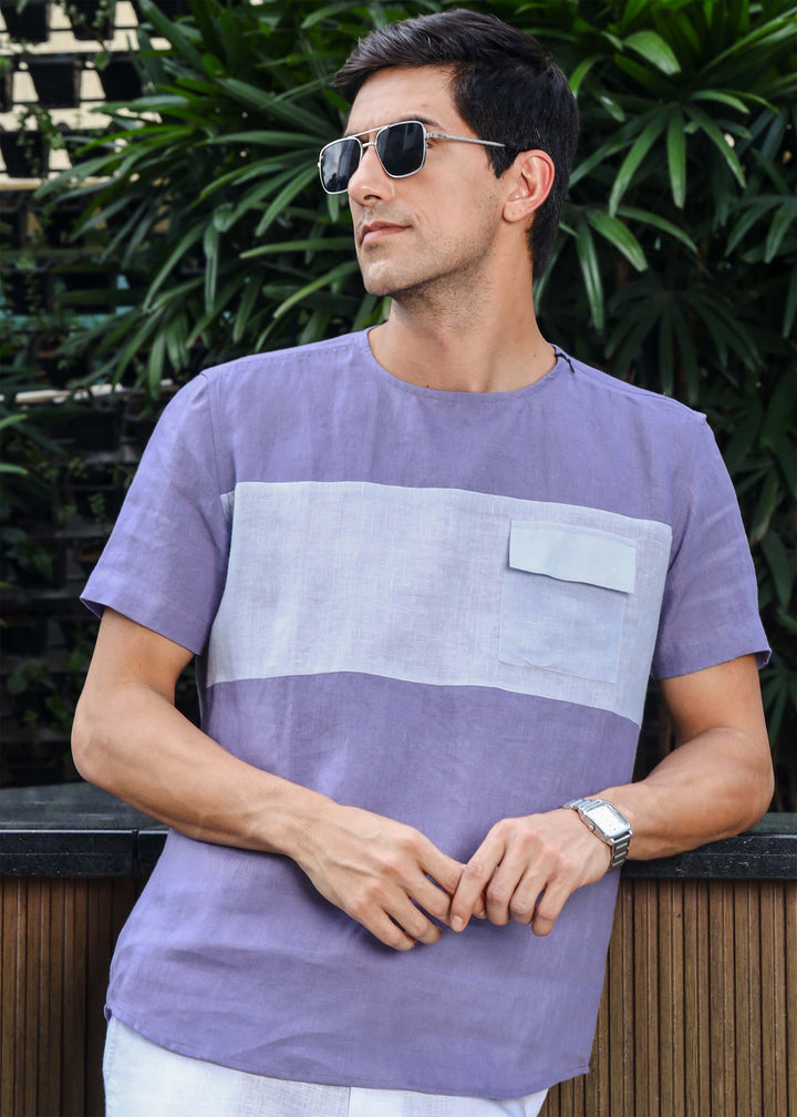 Zach - Double Colour Block Linen Short Sleeve T-Shirt - Lavender Violet & Periwinkle Blue