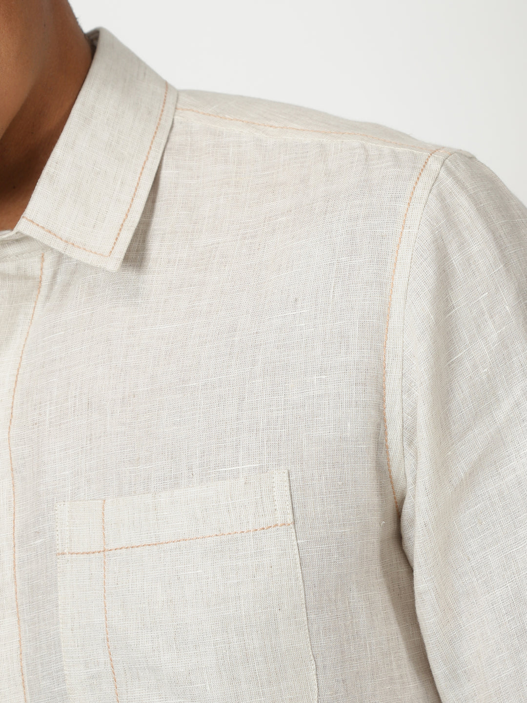 Paul - Pure Linen Stitch Detailed Full Sleeve Shirt - Light Ecru