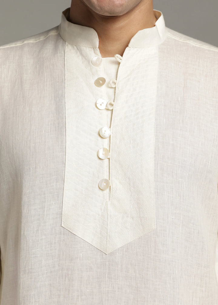 Taj - Pure Linen Long Kurta with Yolk Stitch Detail and Mother Of Pearl Buttons - Creme White