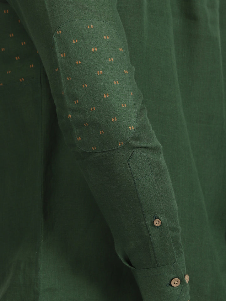 Ryker - Pure Linen Block Printed Dobby Full Sleeve Shirt - Dark Green