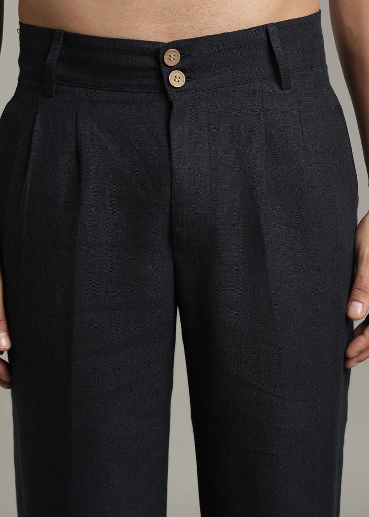 Ashford - Pure Linen Double Pleated High Waisted Trousers - Regal Blue