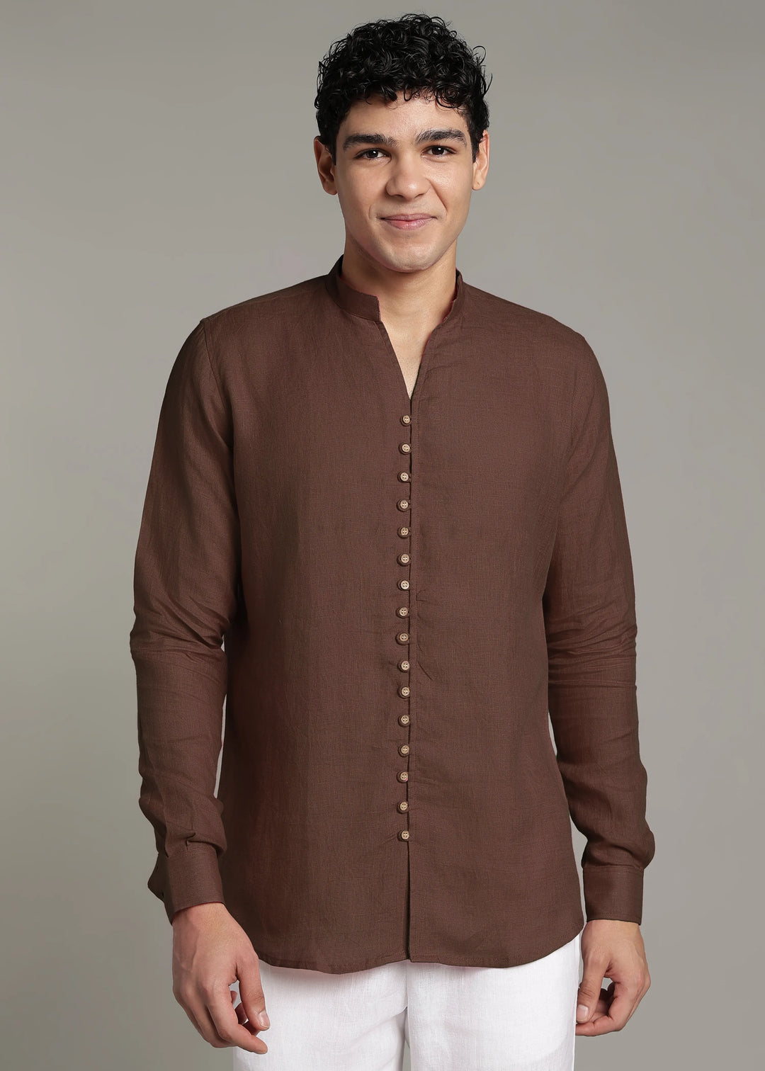 Yue - Pure Linen V Neck Full Sleeve Shirt - Coffee Brown