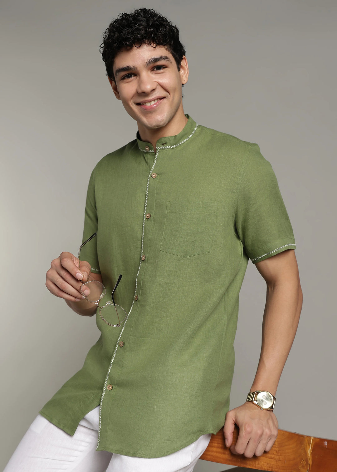 Oram - Pure Linen Half Sleeve Shirt - Cossack Green