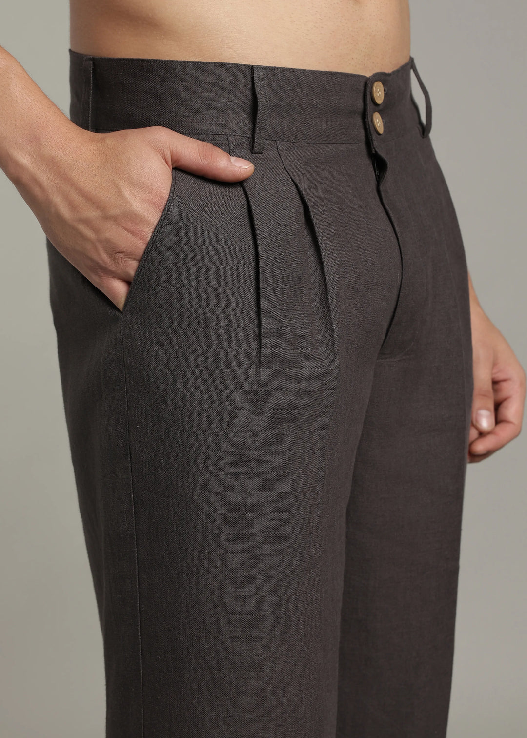 Ashford - Pure Linen Double Pleated High Waisted Trousers - Fossil Grey