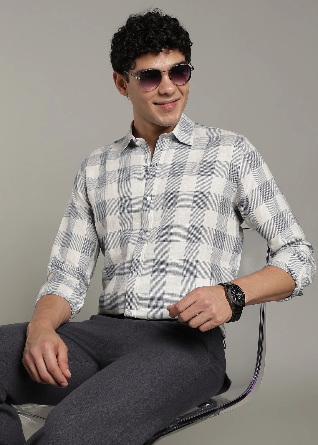 Glen - Pure Linen Full Sleeve Checks Shirt - White