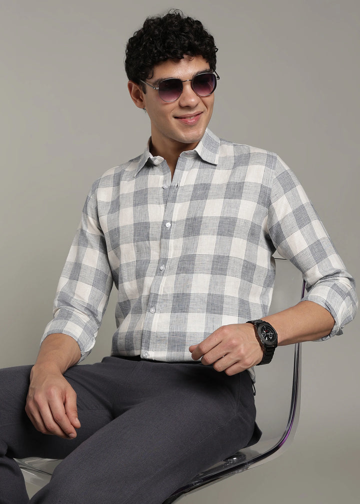 Glen - Pure Linen Full Sleeve Checks Shirt - White