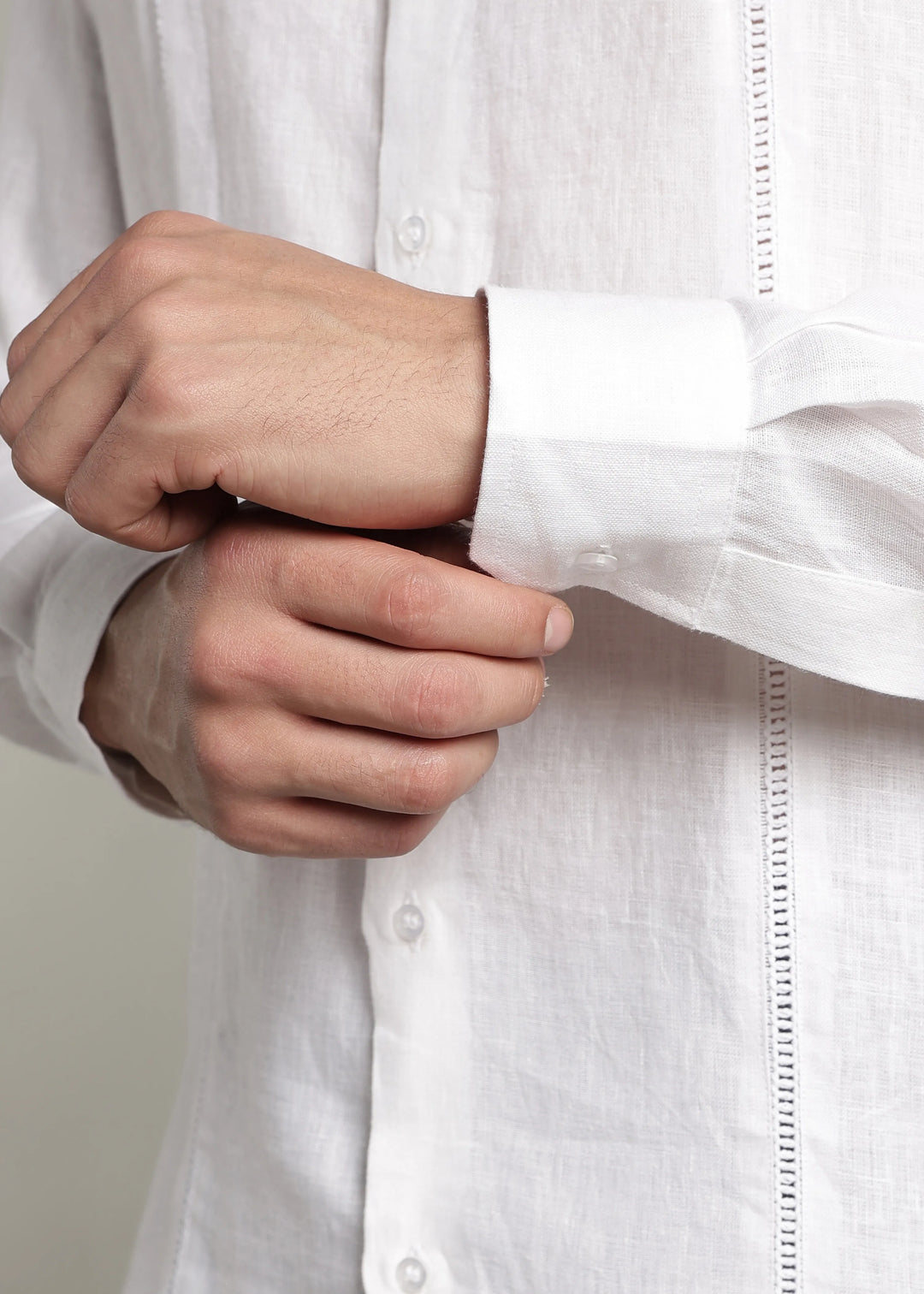 Zephr - Pure Linen Mandarin Collar Lace Detail Full Sleeve Shirt - White