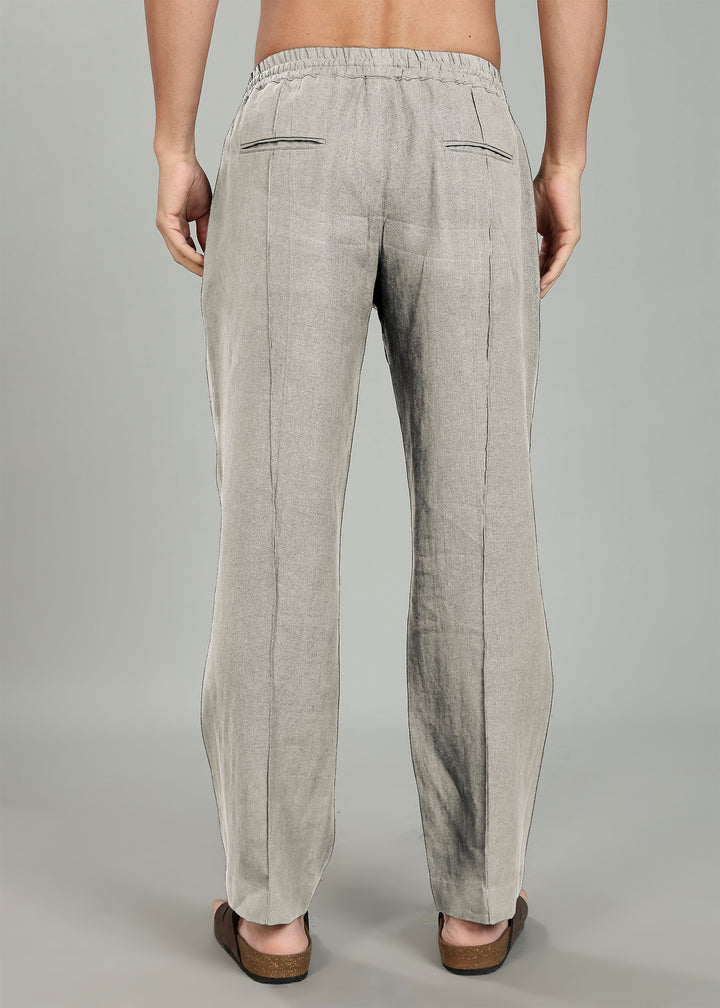 Art Pants - Pure Linen Elastic Casual Pants with Drawstrings - Ecru