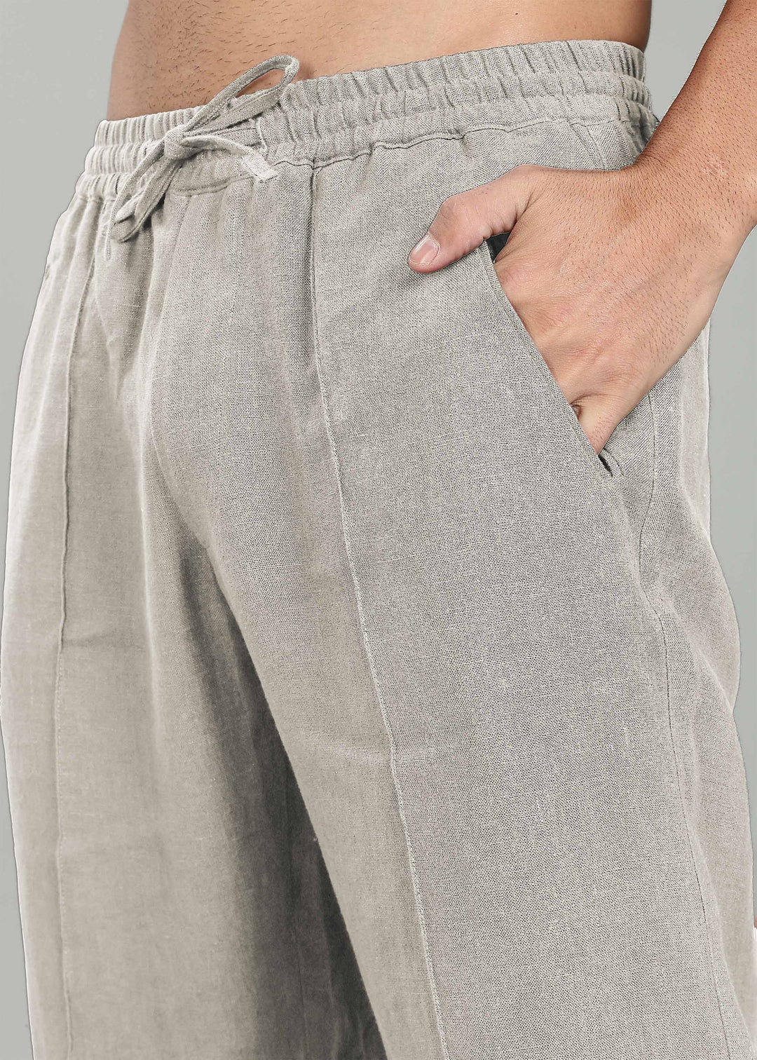 Art Pants - Pure Linen Elastic Casual Pants with Drawstrings - Ecru