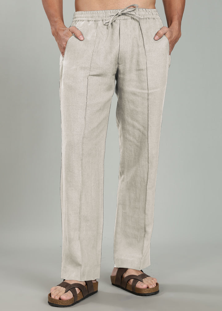 Art Pants - Pure Linen Elastic Casual Pants with Drawstrings - Ecru