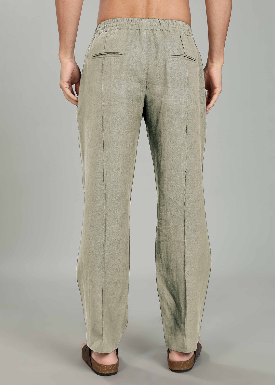 Art Pants - Pure Linen Elastic Casual Pants with Drawstrings - Artichoke Green