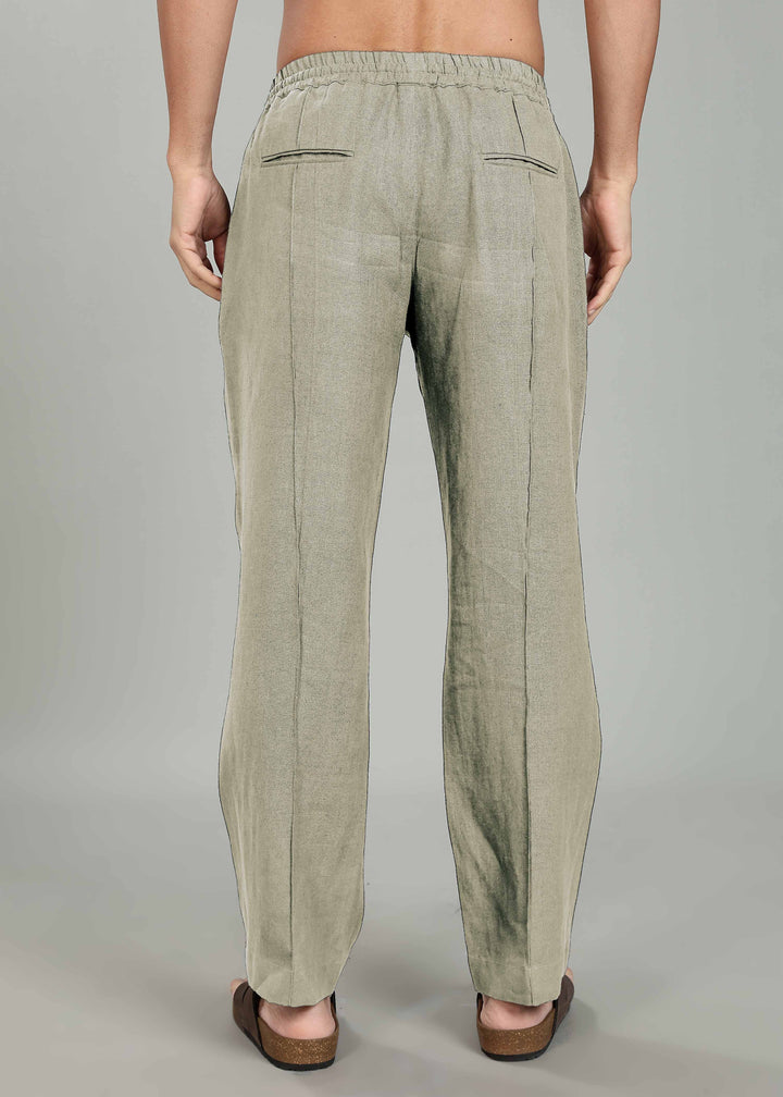 Art Pants - Pure Linen Elastic Casual Pants with Drawstrings - Artichoke Green