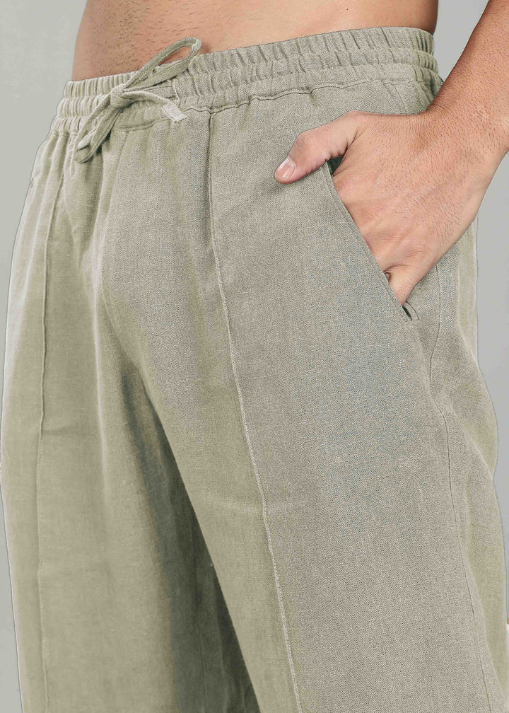 Art Pants - Pure Linen Elastic Casual Pants with Drawstrings - Artichoke Green