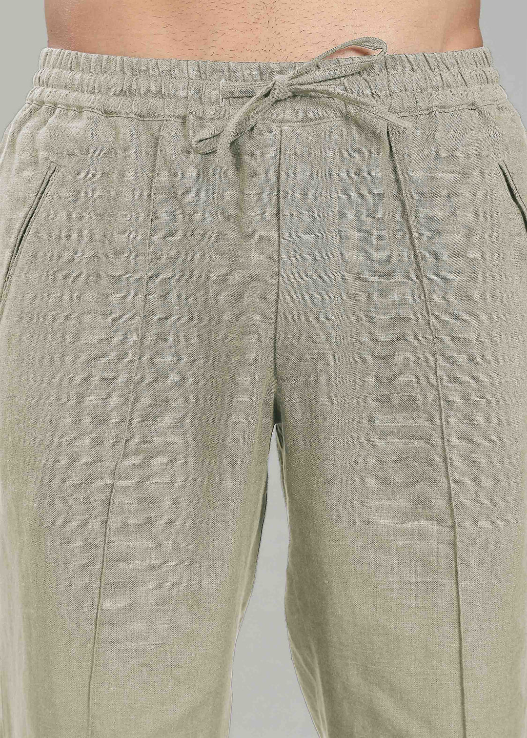 Art Pants - Pure Linen Elastic Casual Pants with Drawstrings - Artichoke Green