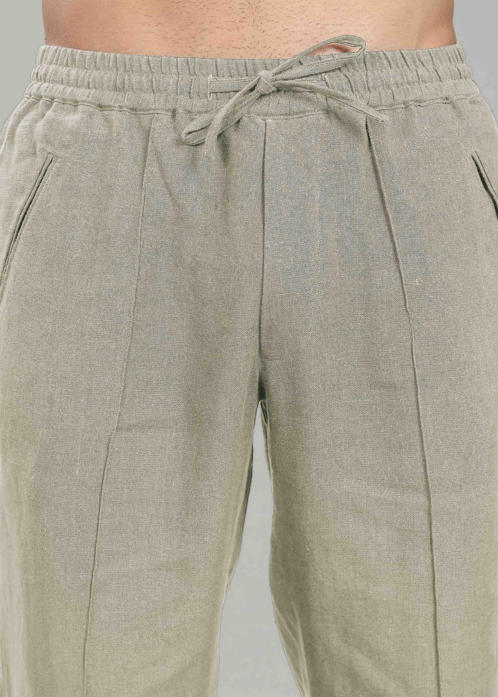 Art Pants - Pure Linen Elastic Casual Pants with Drawstrings - Artichoke Green