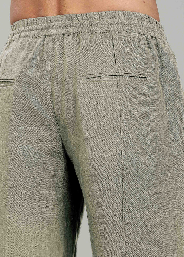 Art Pants - Pure Linen Elastic Casual Pants with Drawstrings - Artichoke Green