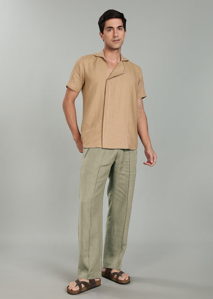 Art Pants - Pure Linen Elastic Casual Pants with Drawstrings - Artichoke Green