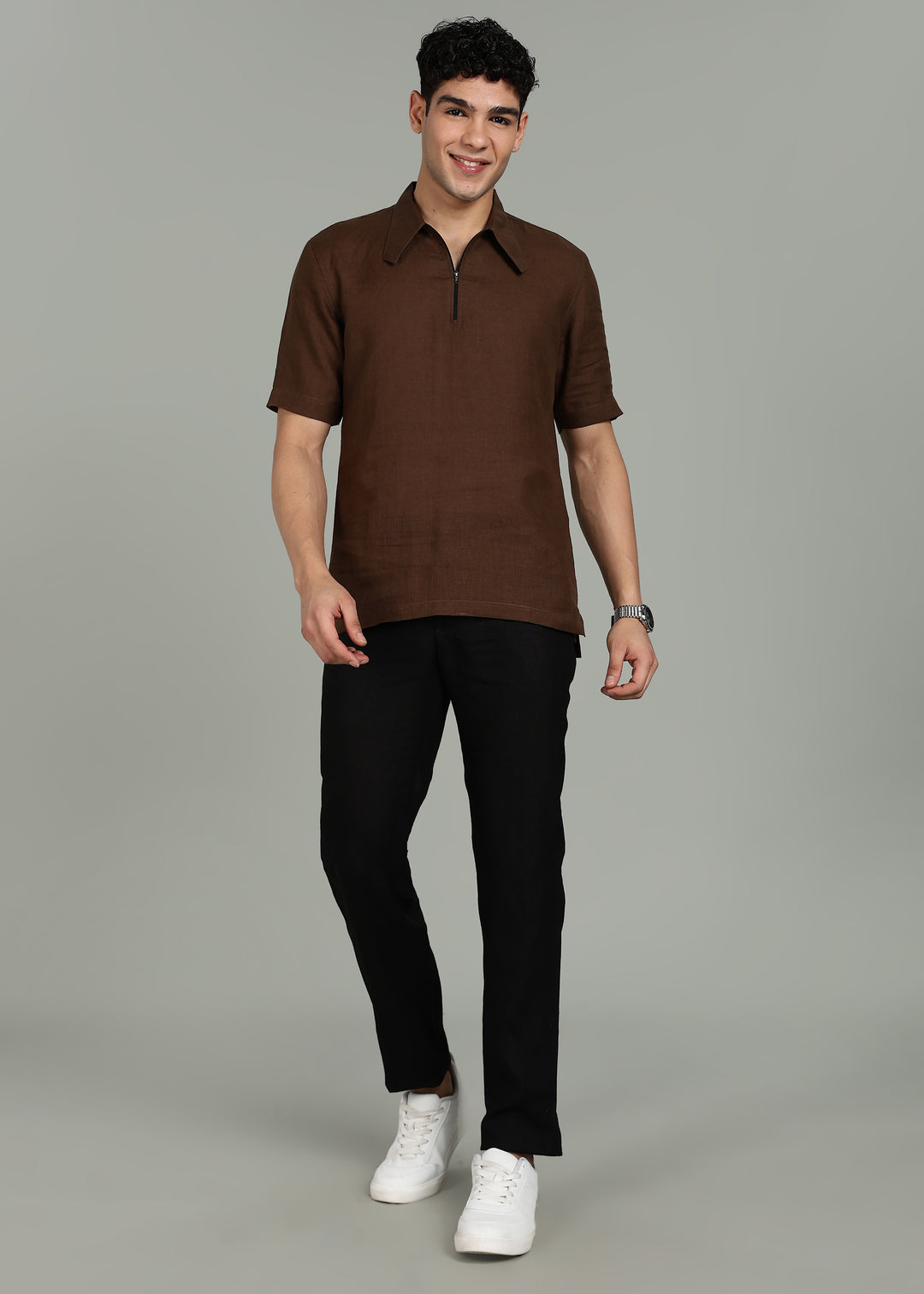 Coffee Brown Pure Linen Front Zipper T-Shirt with Stylized Collar Linen Trail Coffee Brown Pure Linen Front Zipper T-Shirt with Stylized Collar Linen Trail
