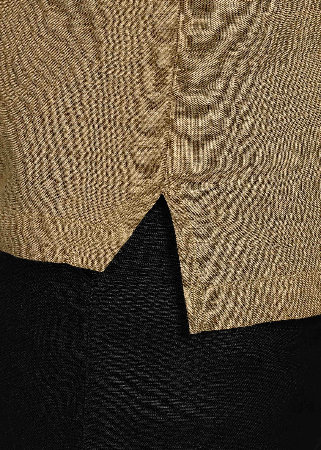 Man wearing 100% 60 LEA Linen Golden Olive Green T - Shirt in an indoor grey background.