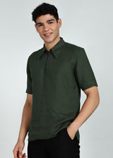 Aero - Pure Linen Front Zipper T-Shirt with Stylized Collar - Dark Fern Green