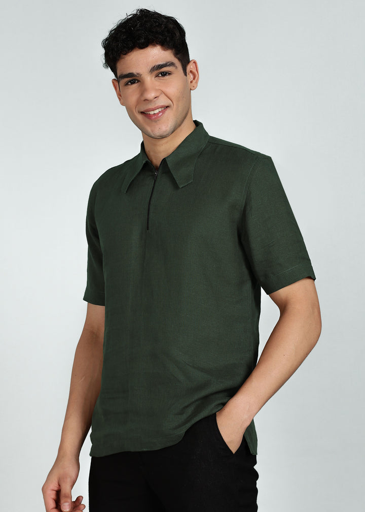 Aero - Pure Linen Front Zipper T-Shirt with Stylized Collar - Dark Fern Green