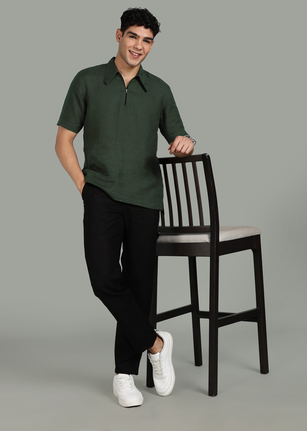 Aero - Pure Linen Front Zipper T-Shirt with Stylized Collar - Dark Fern Green