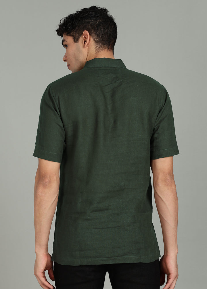 Aero - Pure Linen Front Zipper T-Shirt with Stylized Collar - Dark Fern Green