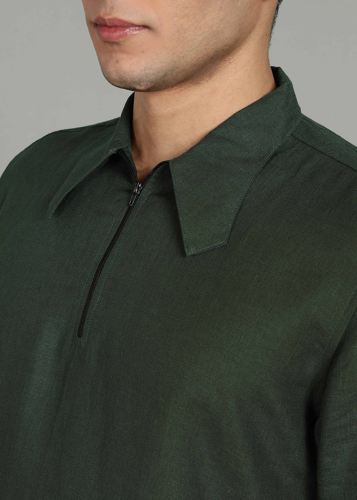 Aero - Pure Linen Front Zipper T-Shirt with Stylized Collar - Dark Fern Green