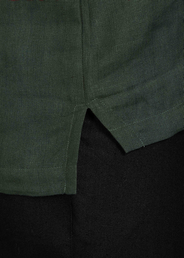 Aero - Pure Linen Front Zipper T-Shirt with Stylized Collar - Dark Fern Green