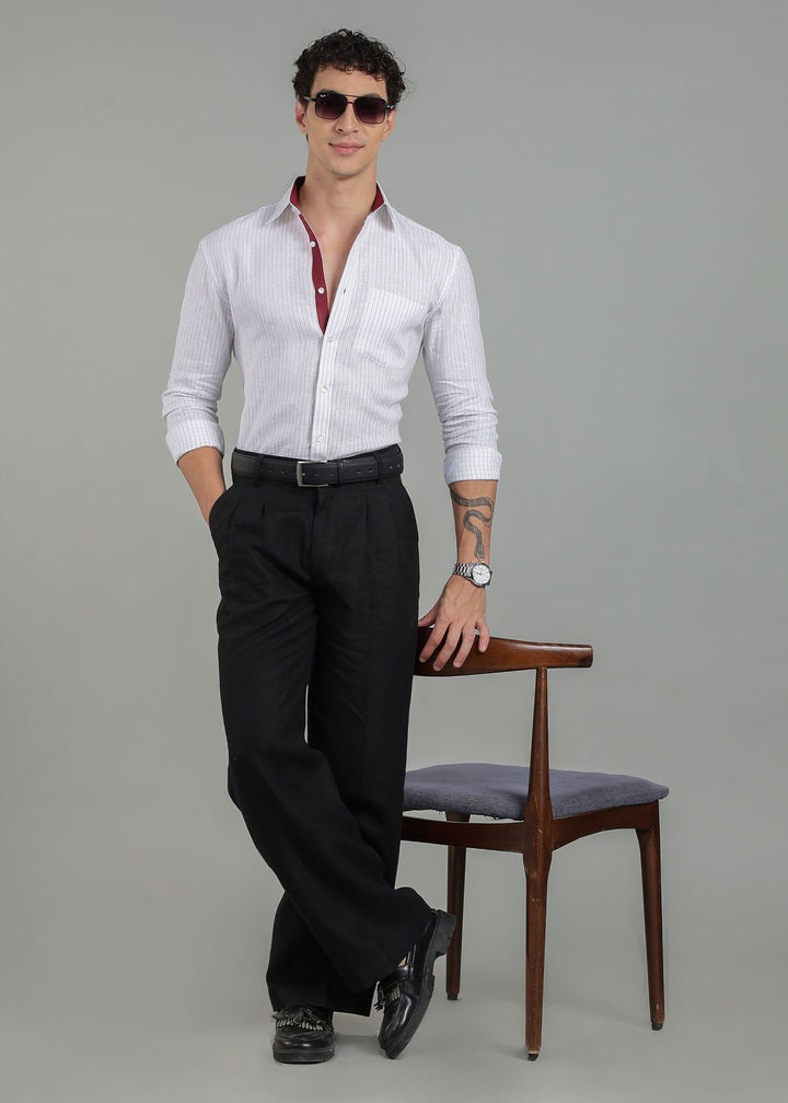 Alfred - Pure Linen Full Sleeve Shirt - Black Pinstripe & Red Wine