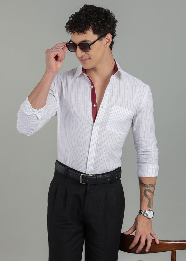 Alfred - Pure Linen Full Sleeve Shirt - Black Pinstripe & Red Wine