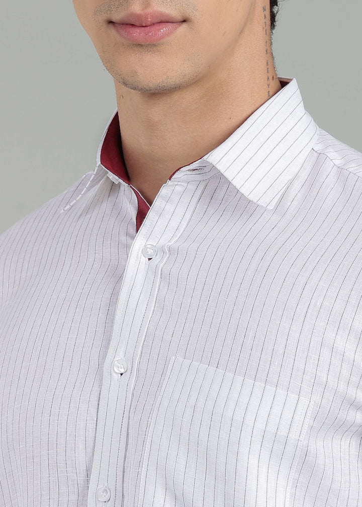 Alfred - Pure Linen Full Sleeve Shirt - Black Pinstripe & Red Wine