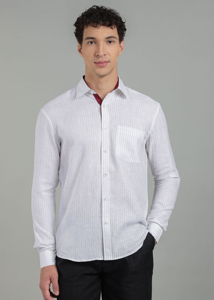 Alfred - Pure Linen Full Sleeve Shirt - Black Pinstripe & Red Wine